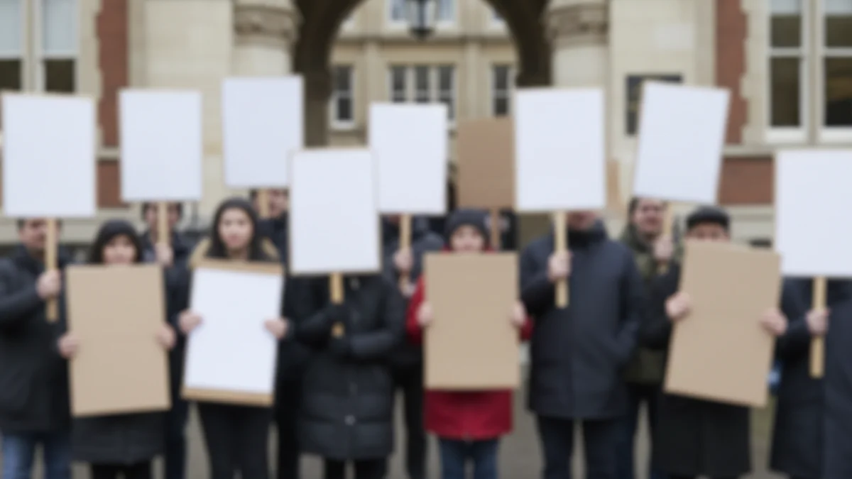Representació genèrica d'una protesta o pancarta sindical davant un centre educatiu.