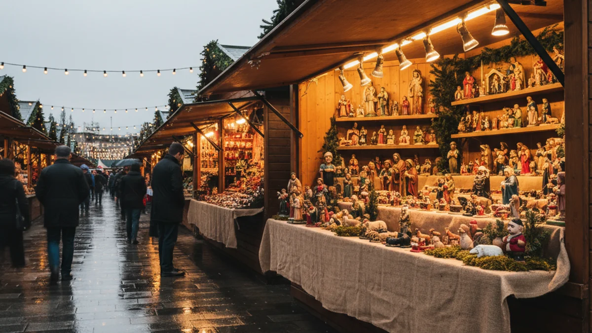 Imatge genèrica d'una fira de Nadal, amb parades de fusta i figures de pessebre sota un cel ennuvolat.