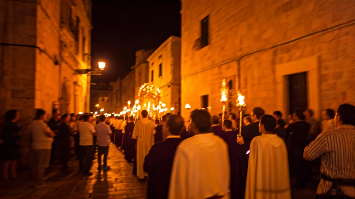 Imatge genèrica d'una processó nocturna amb torxes en una ciutat mediterrània, amb figures borroses i llum tènue.