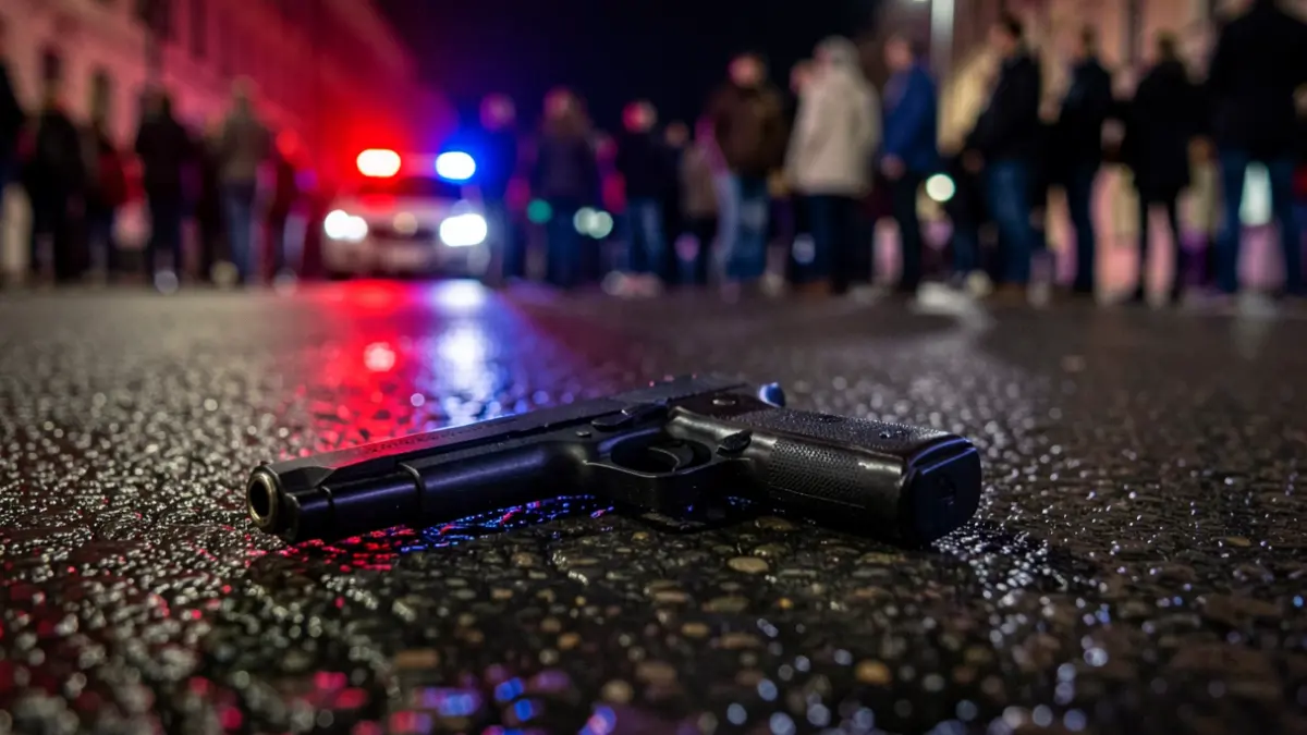 Imatge genèrica d'una pistola simulada sobre asfalt mullat amb llums d'emergència.