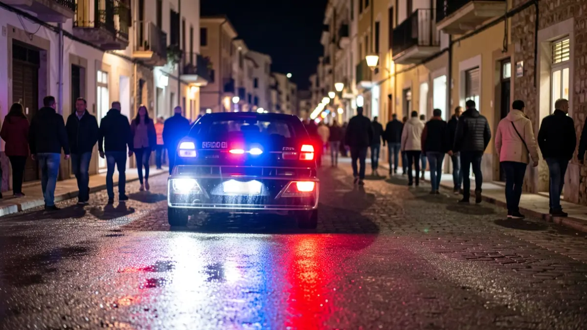 Imatge genèrica de llums d'emergència policials reflectint-se en asfalt mullat a la nit.