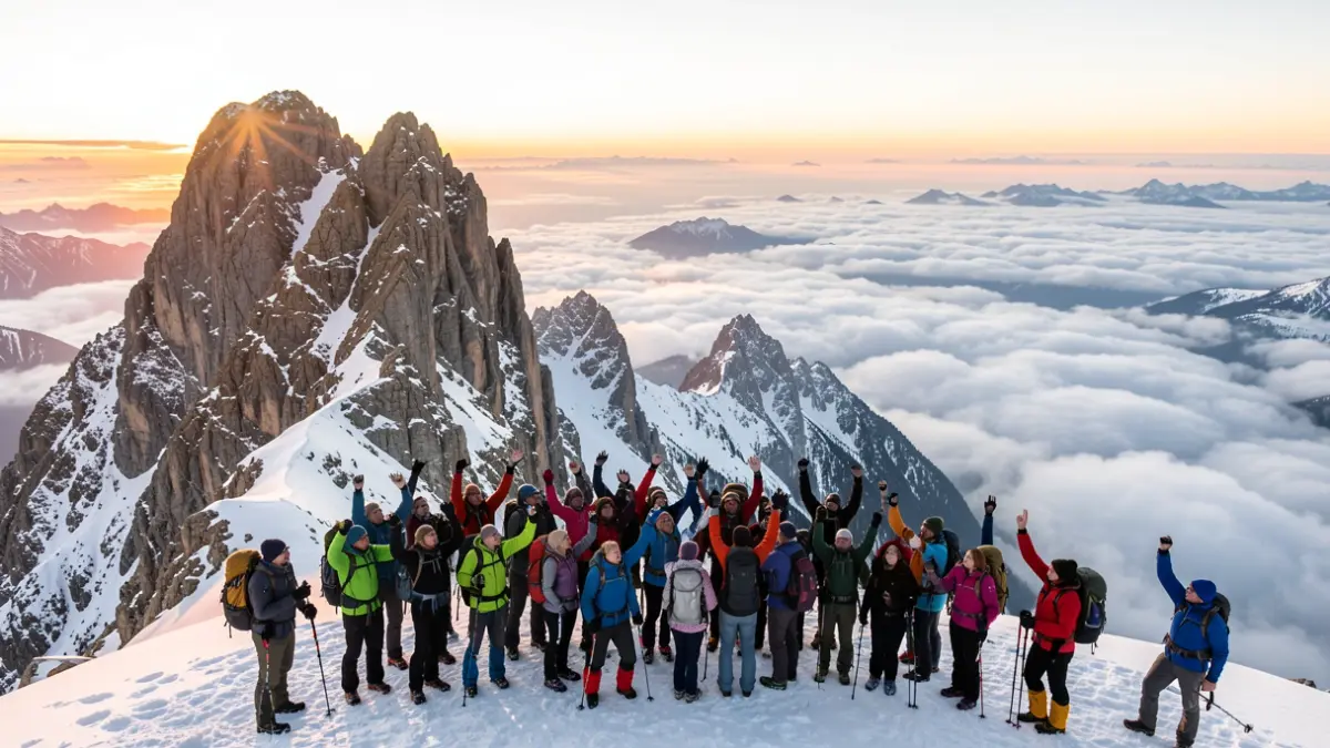 Imatge genèrica d'un grup d'excursionistes celebrant a un cim muntanyós.