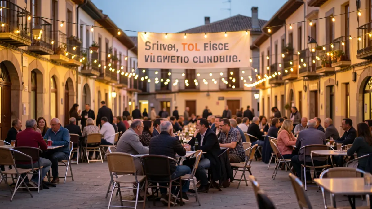Ambient festiu a la plaça de Vilallonga del Camp amb llums i preparatius per a un esdeveniment.